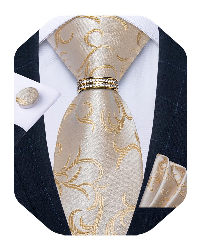 DiBanGu Mens Tie Set Silk Necktie and Gold Tie Ring Pocket Square Cufflinks Formal Business Wedding Ties with Gift Box, Champagne Gold - Image 1